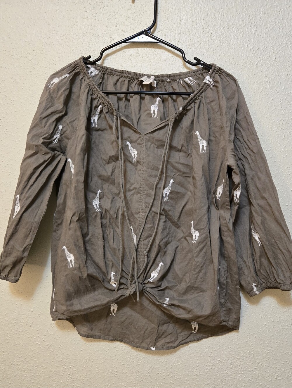 LOFT Embroidered Giraffe Tie-Neck Peasant Blouse Taupe Small